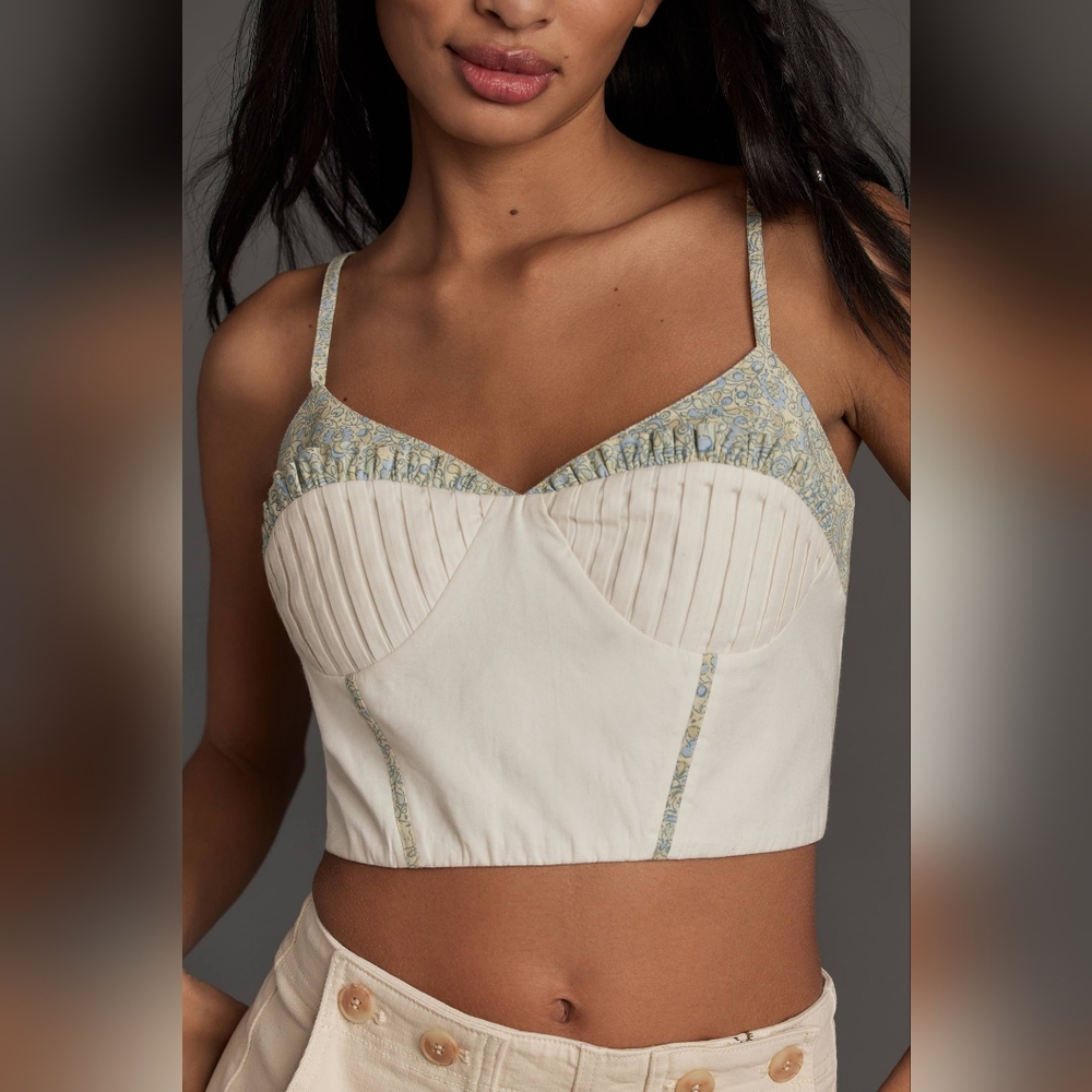 💖💖 NWT Anthro Let Me Be Corset Crop Top White and Blue Trim Size XL